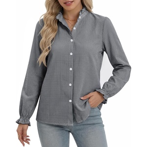 image:imageMANGOPOP Button Down Shirts for Women Long Sleeve Plaid Shirts Ruffle Blouses Business Casual Gingham Tops 2026 Trendy OutfitNavy Blue