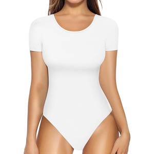 image:imageMANGOPOP Round Neck Long Sleeve Short Sleeve Bodysuits for Women Basic Body Suit Shirts Tops01 Short Sleeve White