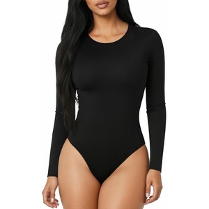 image:imageMANGOPOP Round Neck Long Sleeve Short Sleeve Bodysuits for Women Basic Body Suit Shirts Tops02 Long Sleeve Black