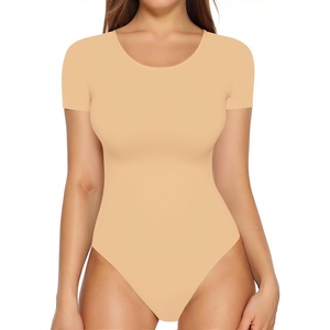 image:imageMANGOPOP Round Neck Long Sleeve Short Sleeve Bodysuits for Women Basic Body Suit Shirts Tops04 Short Sleeve Nude
