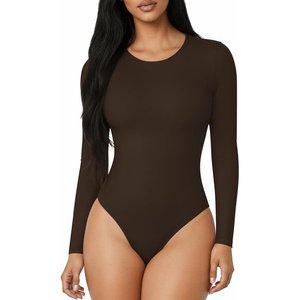 image:imageMANGOPOP Round Neck Long Sleeve Short Sleeve Bodysuits for Women Basic Body Suit Shirts TopsLong Sleeve Coffee