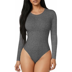 image:imageMANGOPOP Round Neck Long Sleeve Short Sleeve Bodysuits for Women Basic Body Suit Shirts TopsLong Sleeve Dark Grey