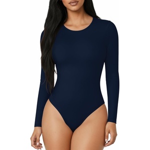 image:imageMANGOPOP Round Neck Long Sleeve Short Sleeve Bodysuits for Women Basic Body Suit Shirts TopsLong Sleeve Deep Blue