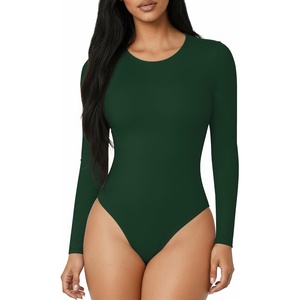 image:imageMANGOPOP Round Neck Long Sleeve Short Sleeve Bodysuits for Women Basic Body Suit Shirts TopsLong Sleeve Deep Green