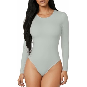 image:imageMANGOPOP Round Neck Long Sleeve Short Sleeve Bodysuits for Women Basic Body Suit Shirts TopsLong Sleeve Elephant Grey