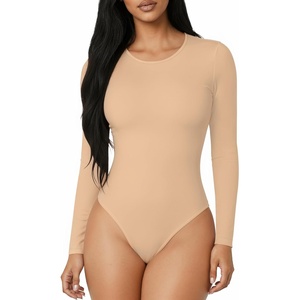 image:imageMANGOPOP Round Neck Long Sleeve Short Sleeve Bodysuits for Women Basic Body Suit Shirts TopsLong Sleeve Nude