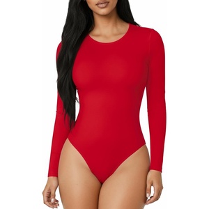 image:imageMANGOPOP Round Neck Long Sleeve Short Sleeve Bodysuits for Women Basic Body Suit Shirts TopsLong Sleeve Red