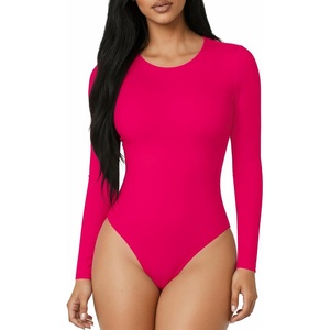 image:imageMANGOPOP Round Neck Long Sleeve Short Sleeve Bodysuits for Women Basic Body Suit Shirts TopsLong Sleeve Rose Pink