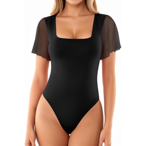 image:imageMANGOPOP Womens Bodysuit Square Neck Ruffle Flutter Sheer Mesh Short Sleeve Slim Fit Blouse Body Suits Tops Casual01 Black
