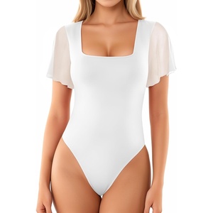 image:imageMANGOPOP Womens Bodysuit Square Neck Ruffle Flutter Sheer Mesh Short Sleeve Slim Fit Blouse Body Suits Tops Casual02 White