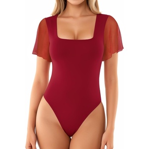 image:imageMANGOPOP Womens Bodysuit Square Neck Ruffle Flutter Sheer Mesh Short Sleeve Slim Fit Blouse Body Suits Tops CasualWine Red