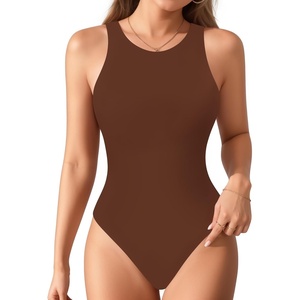image:imageMANGOPOP Womens Tank Tops Bodysuit Double Lined Crew Neck Thong Body Suit Sleeveless Halter Fitted Top08 Coffee
