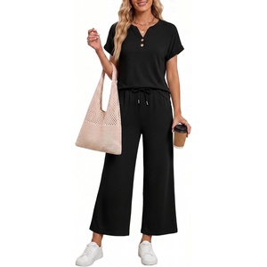 image:imageMANGOPOP Womens Two Piece Lounge Set Henley VNeck Short Sleeve Top Wide Leg NineQuarter Pants Casual Chic VacationBlack