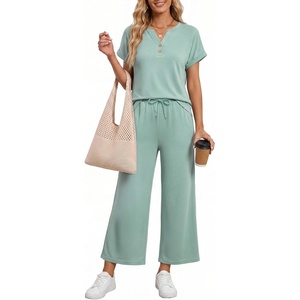image:imageMANGOPOP Womens Two Piece Lounge Set Henley VNeck Short Sleeve Top Wide Leg NineQuarter Pants Casual Chic VacationBlue