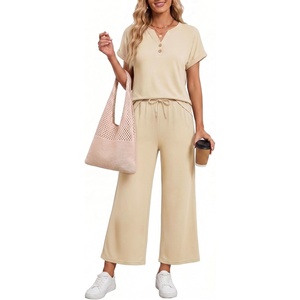 image:imageMANGOPOP Womens Two Piece Lounge Set Henley VNeck Short Sleeve Top Wide Leg NineQuarter Pants Casual Chic VacationKhaki