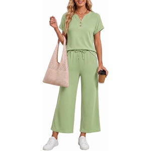 image:imageMANGOPOP Womens Two Piece Lounge Set Henley VNeck Short Sleeve Top Wide Leg NineQuarter Pants Casual Chic VacationSage Green