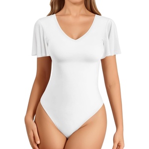 image:imageMANGOPOP Womens V Neck Short Sleeve Bodysuits Ruffle Puff Sleeve Body suit Sexy Going Out Tops02 White