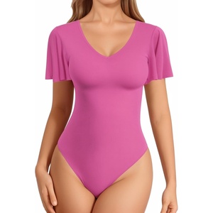 image:imageMANGOPOP Womens V Neck Short Sleeve Bodysuits Ruffle Puff Sleeve Body suit Sexy Going Out TopsBlush