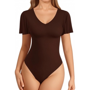 image:imageMANGOPOP Womens V Neck Short Sleeve Bodysuits Ruffle Puff Sleeve Body suit Sexy Going Out TopsCoffee