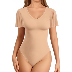 image:imageMANGOPOP Womens V Neck Short Sleeve Bodysuits Ruffle Puff Sleeve Body suit Sexy Going Out TopsNude