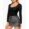 image:imageMANGOPOP Double Lined Long Sleeve Bodysuits for Women Scoop Neck Thong Short Bodysuit Tops SeamlessB1 Long Sleeve Black