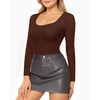 image:imageMANGOPOP Double Lined Long Sleeve Bodysuits for Women Scoop Neck Thong Short Bodysuit Tops SeamlessD2long Sleeve Coffee