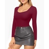 image:imageMANGOPOP Double Lined Long Sleeve Bodysuits for Women Scoop Neck Thong Short Bodysuit Tops SeamlessD3long Sleeve Burgundy