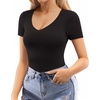 image:imageMANGOPOP Double Lined Short Sleeve Bodysuits for Women V Neck Thong Body Suit Stretchy Lightweight Bodysuit TopsAblack
