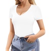 image:imageMANGOPOP Double Lined Short Sleeve Bodysuits for Women V Neck Thong Body Suit Stretchy Lightweight Bodysuit TopsAwhite