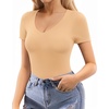 image:imageMANGOPOP Double Lined Short Sleeve Bodysuits for Women V Neck Thong Body Suit Stretchy Lightweight Bodysuit TopsClay