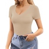 image:imageMANGOPOP Double Lined Short Sleeve Bodysuits for Women V Neck Thong Body Suit Stretchy Lightweight Bodysuit TopsMica