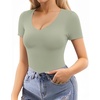 image:imageMANGOPOP Double Lined Short Sleeve Bodysuits for Women V Neck Thong Body Suit Stretchy Lightweight Bodysuit TopsMisty Jade