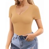image:imageMANGOPOP Double Lined Short Sleeve Bodysuits for Women V Neck Thong Body Suit Stretchy Lightweight Bodysuit TopsOchre