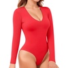 image:imageMANGOPOP Long Sleeve V Neck Bodysuits for Women Double Lined Sexy Going Out Tops Body Suit ShirtsRed