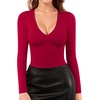 image:imageMANGOPOP Long Sleeve V Neck Bodysuits for Women Double Lined Sexy Going Out Tops Body Suit ShirtsWine Red
