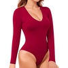 image:imageMANGOPOP Long Sleeve V Neck Bodysuits for Women Double Lined Sexy Going Out Tops Body Suit ShirtsWine Red