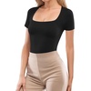 image:imageMANGOPOP Women Square Neck Short Sleeve Bodysuit Double Lined Thong Body Suits Shirts Basic TopBlack