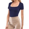 image:imageMANGOPOP Women Square Neck Short Sleeve Bodysuit Double Lined Thong Body Suits Shirts Basic TopDeep Blue