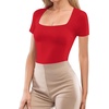 image:imageMANGOPOP Women Square Neck Short Sleeve Bodysuit Double Lined Thong Body Suits Shirts Basic TopRed