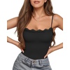 image:imageMANGOPOP Womens Lace Cami Thong Bodysuit Double Lined Square Neck Backless Body Suit Adjustable Spaghetti Strap Tank Tops01 Black