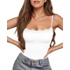 image:imageMANGOPOP Womens Lace Cami Thong Bodysuit Double Lined Square Neck Backless Body Suit Adjustable Spaghetti Strap Tank Tops01 White