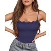 image:imageMANGOPOP Womens Lace Cami Thong Bodysuit Double Lined Square Neck Backless Body Suit Adjustable Spaghetti Strap Tank TopsDeep Blue