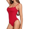 image:imageMANGOPOP Womens Lace Cami Thong Bodysuit Double Lined Square Neck Backless Body Suit Adjustable Spaghetti Strap Tank TopsRed