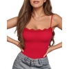 image:imageMANGOPOP Womens Lace Cami Thong Bodysuit Double Lined Square Neck Backless Body Suit Adjustable Spaghetti Strap Tank TopsRed