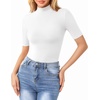 image:imageMANGOPOP Womens Mock Turtle Neck Bodysuits Half Elbow Short 34 Sleeve Bodysuit for Going OutA White