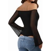 image:imageMANGOPOP Womens Off The Shoulder Double Lined Bodysuit Mesh Bell Sleeve Body Suits Sexy Going Out Fall Backless Tops 202501 Black