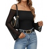 image:imageMANGOPOP Womens Off The Shoulder Double Lined Bodysuit Mesh Bell Sleeve Body Suits Sexy Going Out Fall Backless Tops 202501 Black