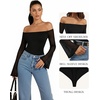 image:imageMANGOPOP Womens Off The Shoulder Double Lined Bodysuit Mesh Bell Sleeve Body Suits Sexy Going Out Fall Backless Tops 202501 Black