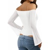 image:imageMANGOPOP Womens Off The Shoulder Double Lined Bodysuit Mesh Bell Sleeve Body Suits Sexy Going Out Fall Backless Tops 202502 White