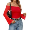 image:imageMANGOPOP Womens Off The Shoulder Double Lined Bodysuit Mesh Bell Sleeve Body Suits Sexy Going Out Fall Backless Tops 202503 Red